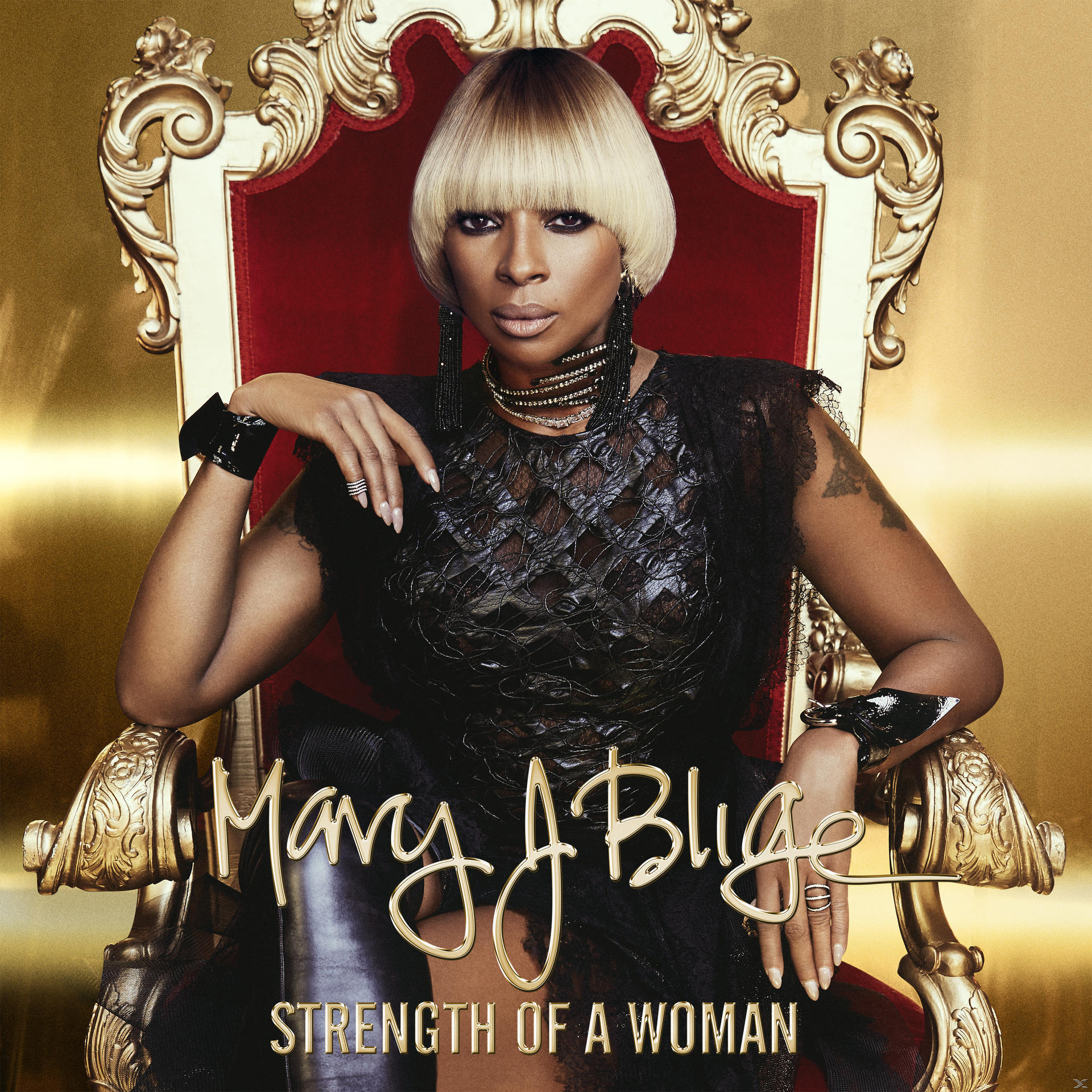Album borító egy nővel a széken, a 'Strength of a Woman' címmel.