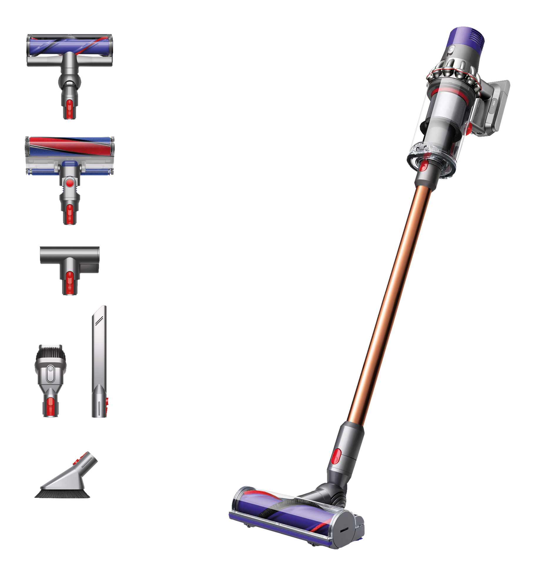 Dyson Staubsauger mit verschiedenen Aufsätzen. Kupfer- und Grautöne.