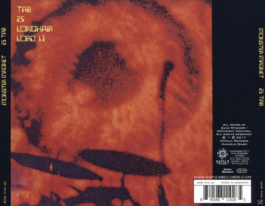 Album borító: Narancs-fekete design 'Monster Magnet' szöveggel, dalf címekkel és szerzői jogi részletekkel. Elmosódott, absztrakt háttér.