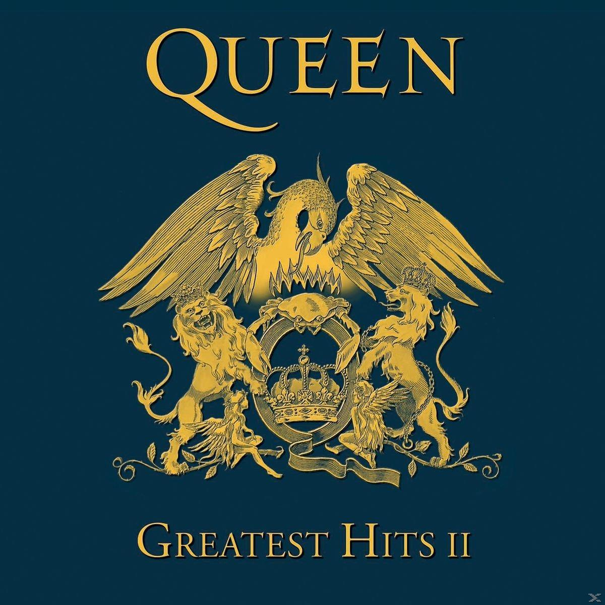 Pochette de l'album Queen Greatest Hits II avec blason et dorures sur fond bleu.