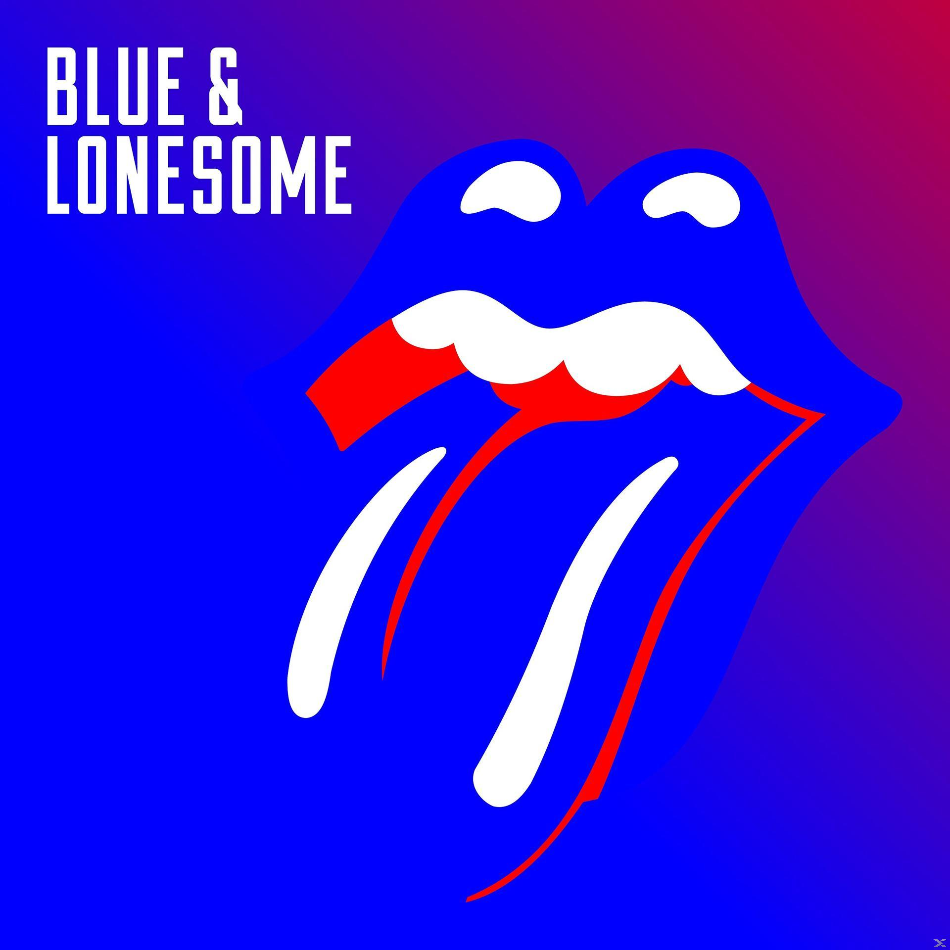 Pochette d'album avec texte : Blue & Lonesome, The Rolling Stones. Lèvres bleues avec langue rouge.