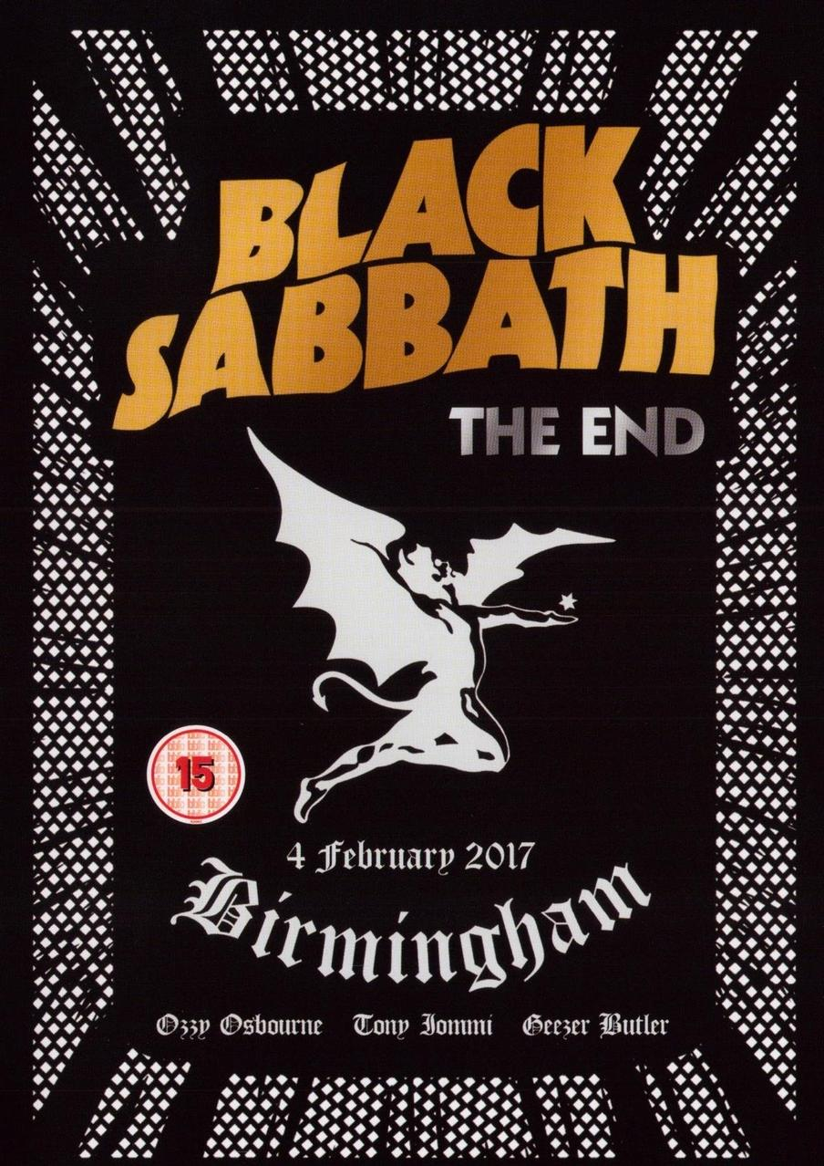 Black Sabbath 'The End' album borítója. Szárnyas figura és a zenekar tagjai.