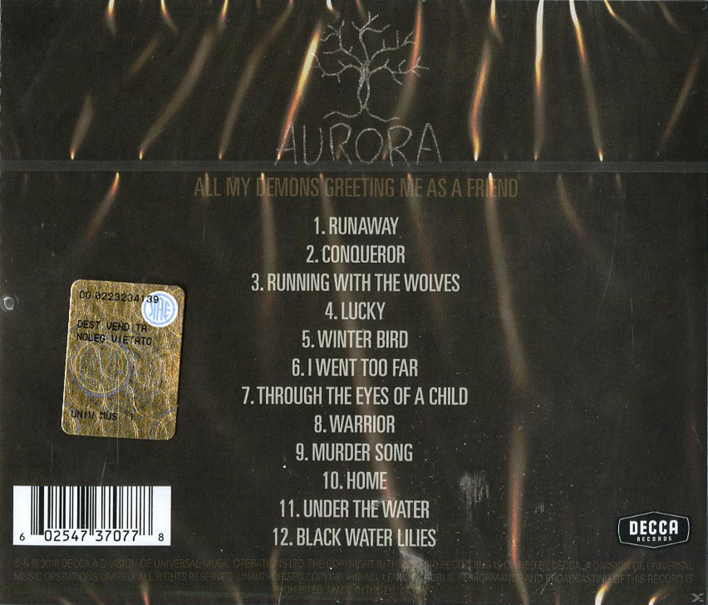 CD-Cover des Albums von AURORA. Enthält Titelliste, Künstlername, Albumtitel, Barcode und das Decca Records-Logo.