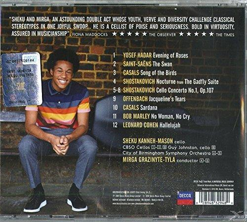 Album hátlap: 'Sheku Kanneh-Mason', egy fiatal fekete férfi ül egy padon. Számlista látható.