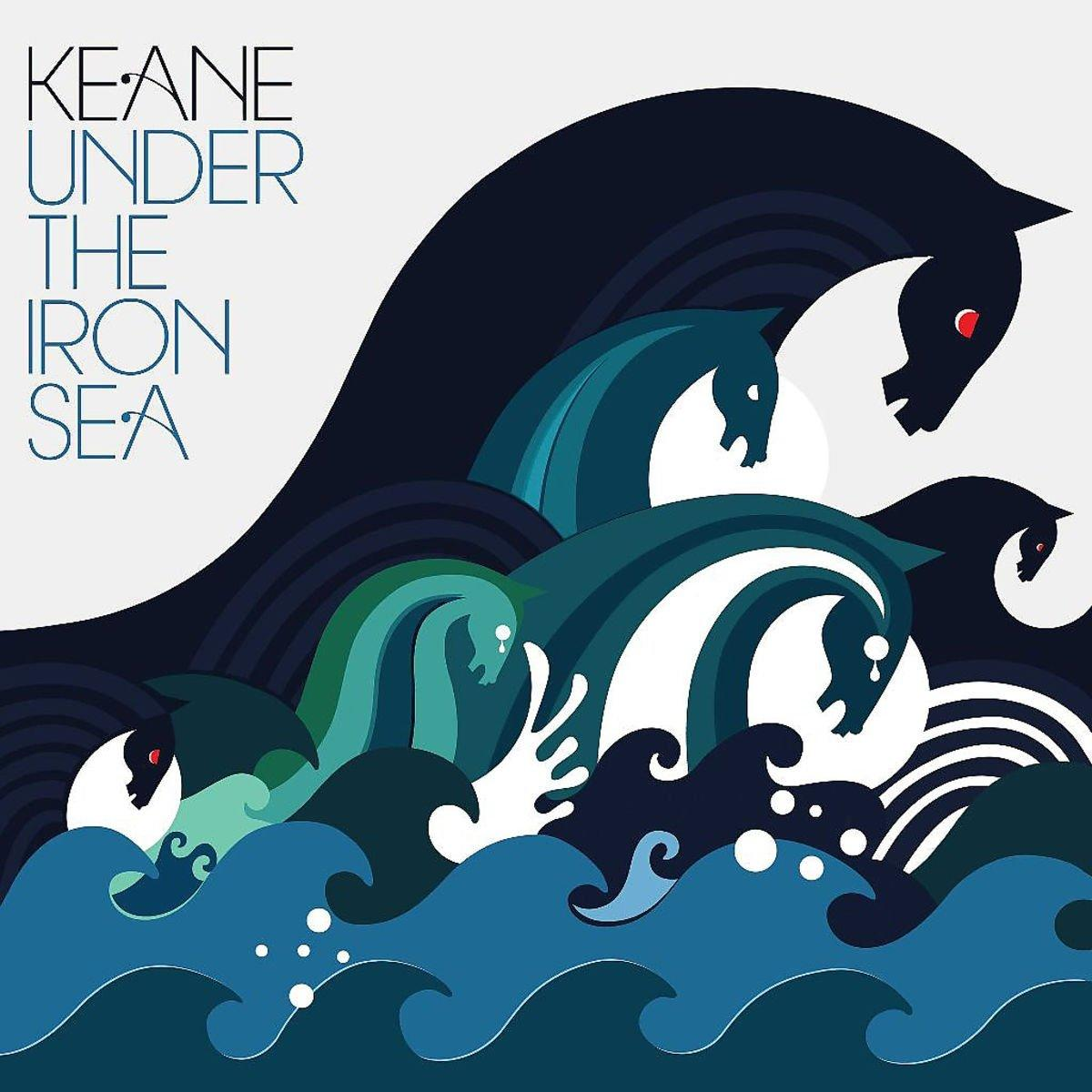 Keane Under The Iron Sea album borítója: A lovak hullámokból törnek elő világosszürke háttér előtt.
