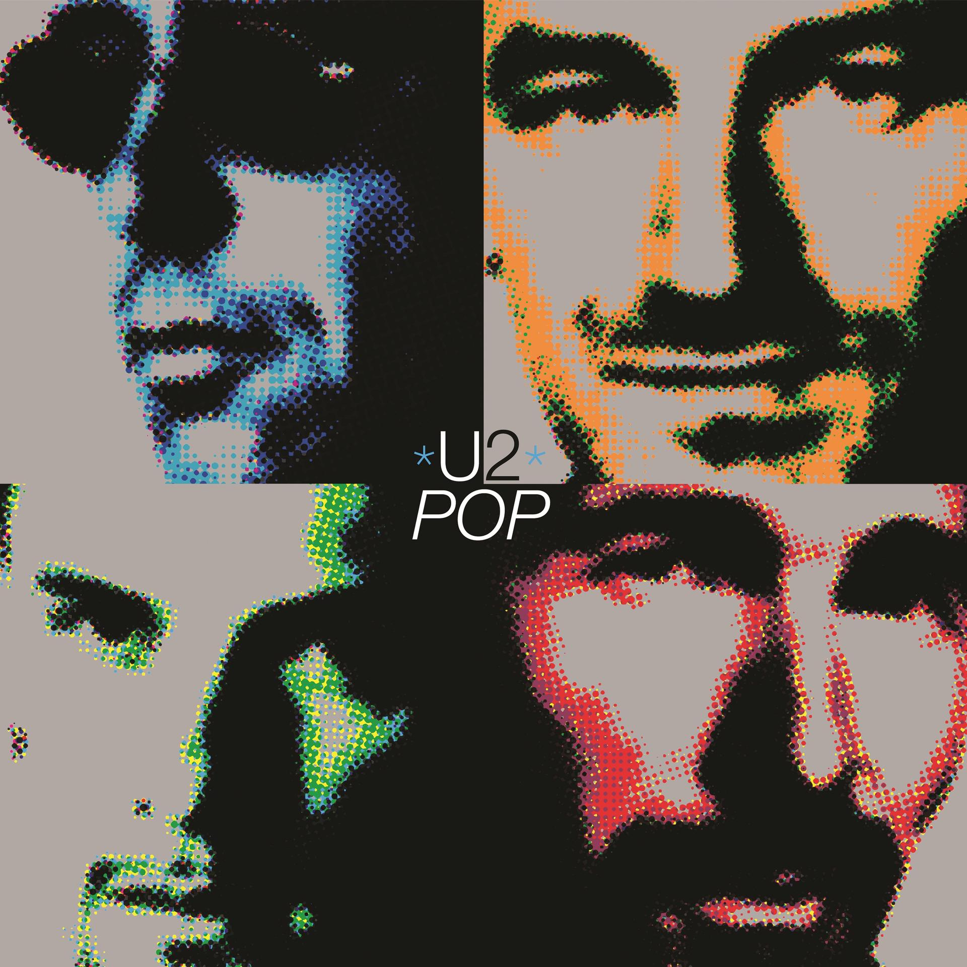 U2 Pop album borítója. Négy arc különböző színekben, pop art stílusban.