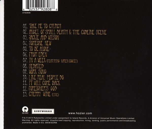 Albumcover. Schwarzer Hintergrund, goldener Text. Listet Songs wie 'Take Me to Church' und 'From Eden' auf.