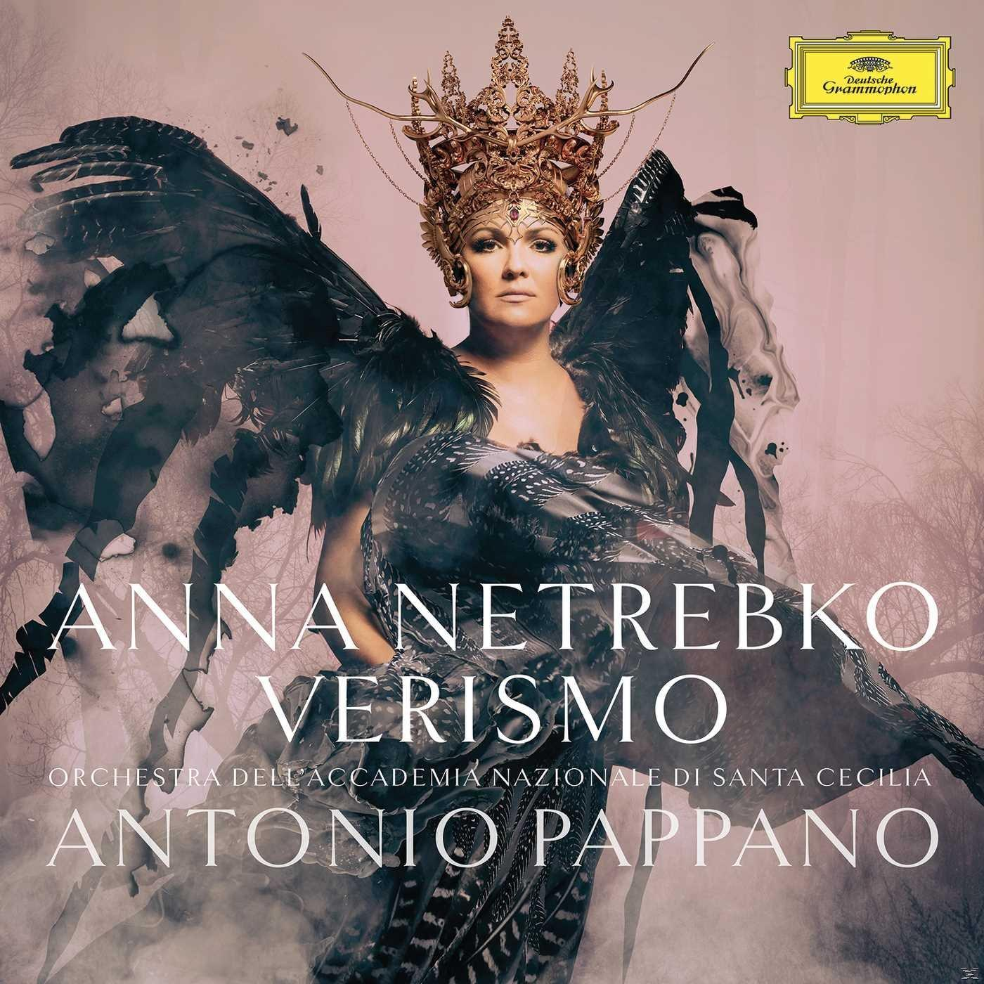 Anna Netrebko Albumcover. Frau in aufwändigem Kostüm, Flügel, Hintergrund Wald, Albumtitel, Logo.