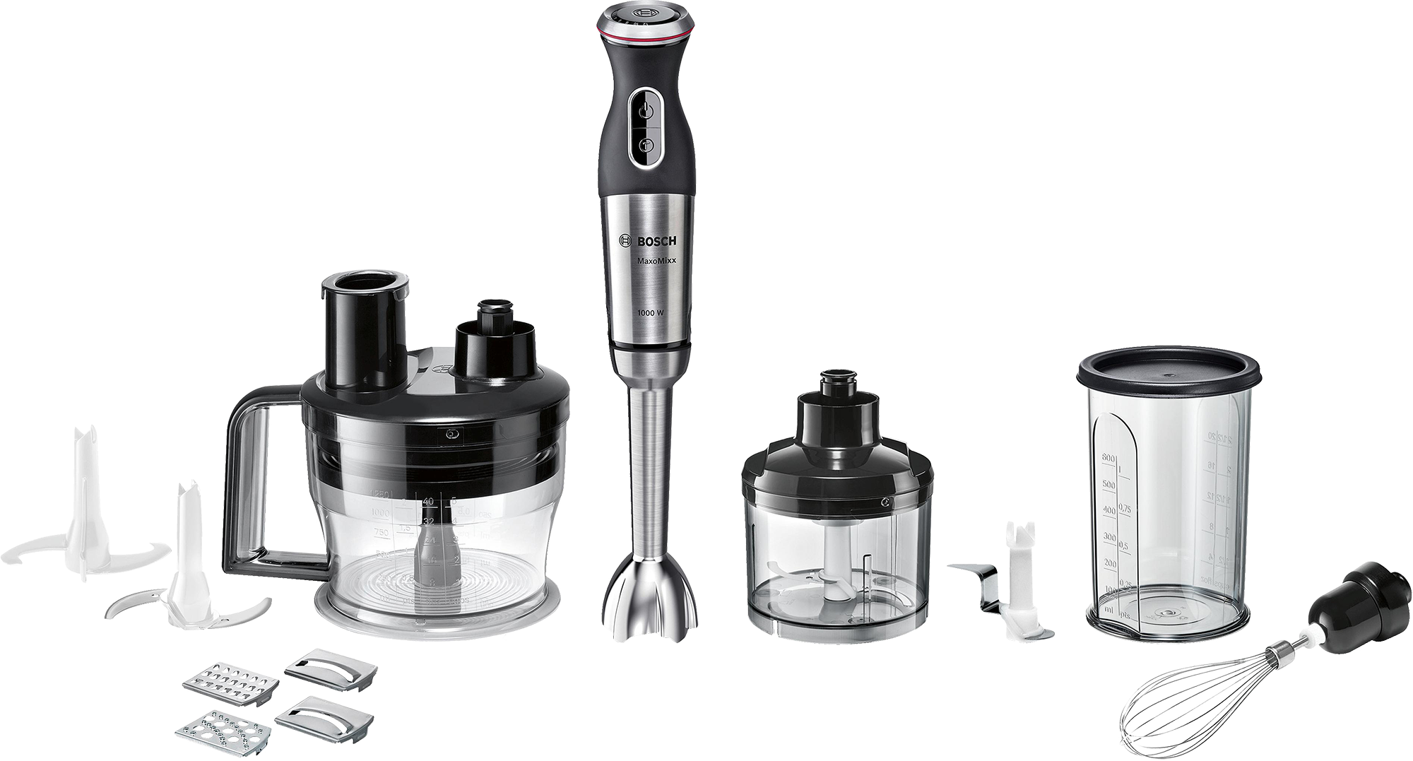 Een set blenders, waaronder een staafmixer, een keukenmachine en diverse messen en opzetstukken.