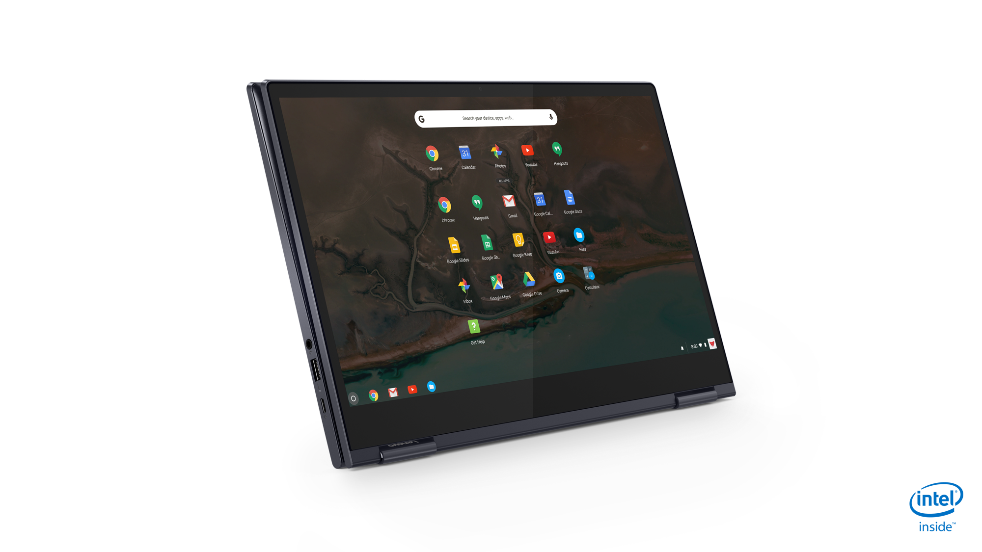 Ein Laptop, geöffnet, mit einem Chrome-Browser-Fenster auf dem Bildschirm. Das Intel Inside Logo ist sichtbar.