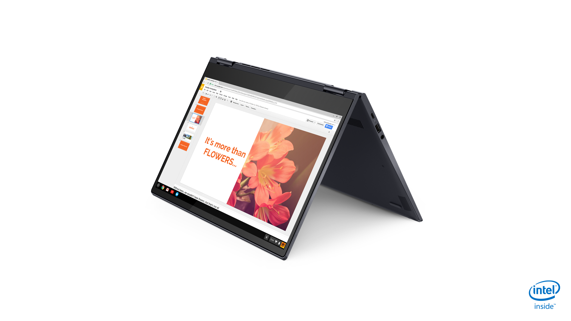 Laptop im Präsentationsmodus, geneigt. Bildschirm zeigt Blumen und Text.