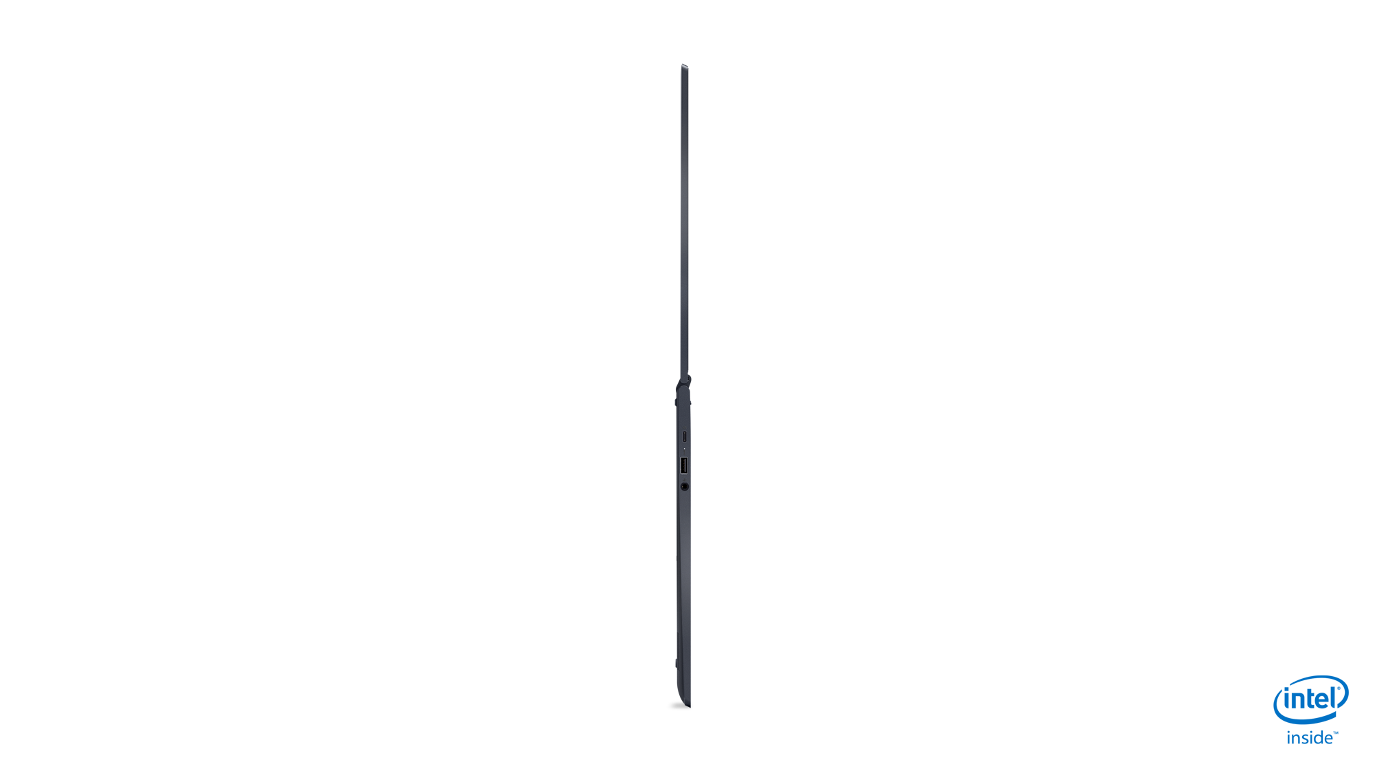 Seitenprofil eines dunklen Laptops mit schwarzem Hintergrund. Intel Inside Logo sichtbar.