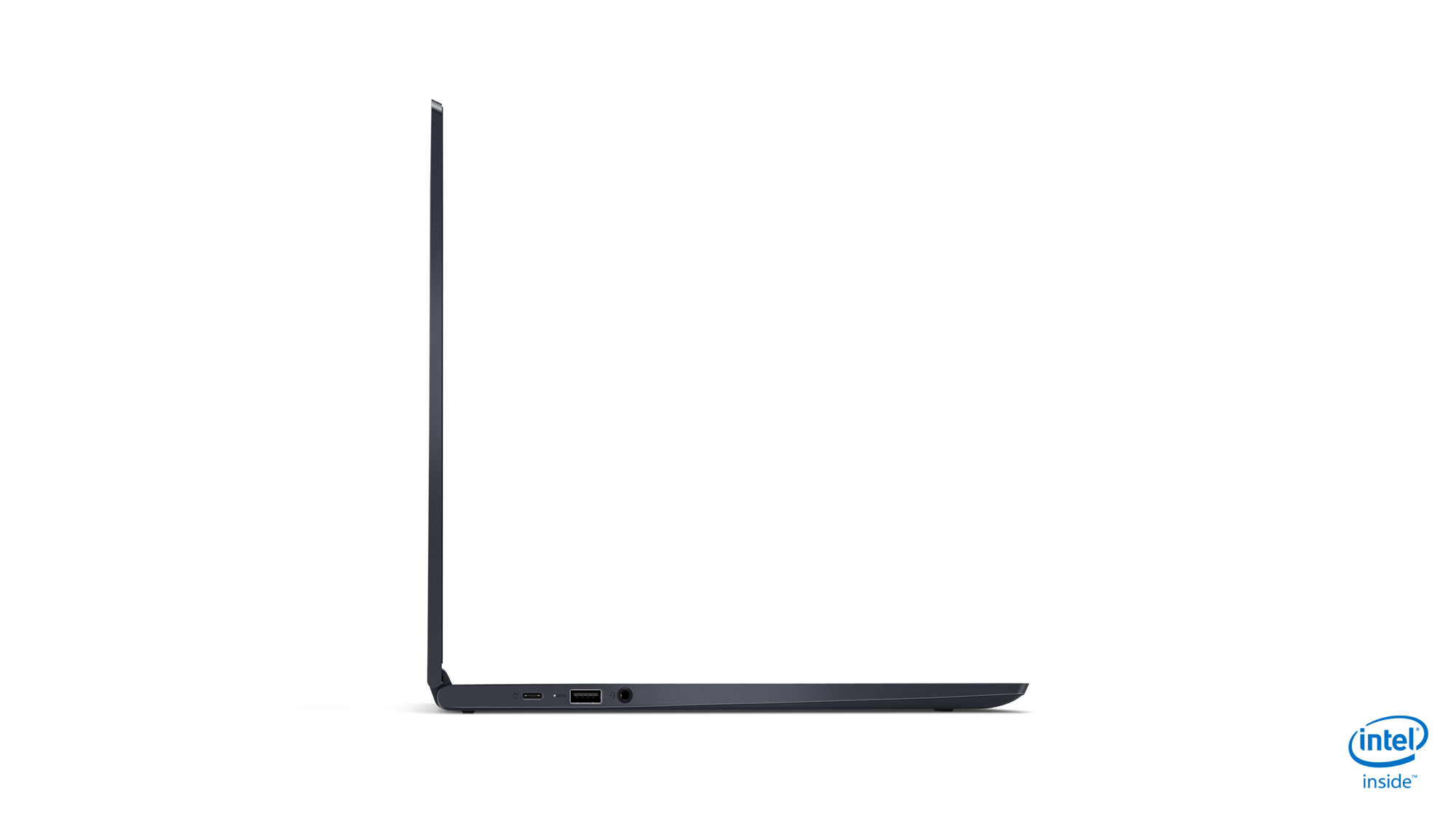 Seitenansicht eines dunkelgrauen Laptops auf schwarzem Hintergrund, mit Intel-Logo.