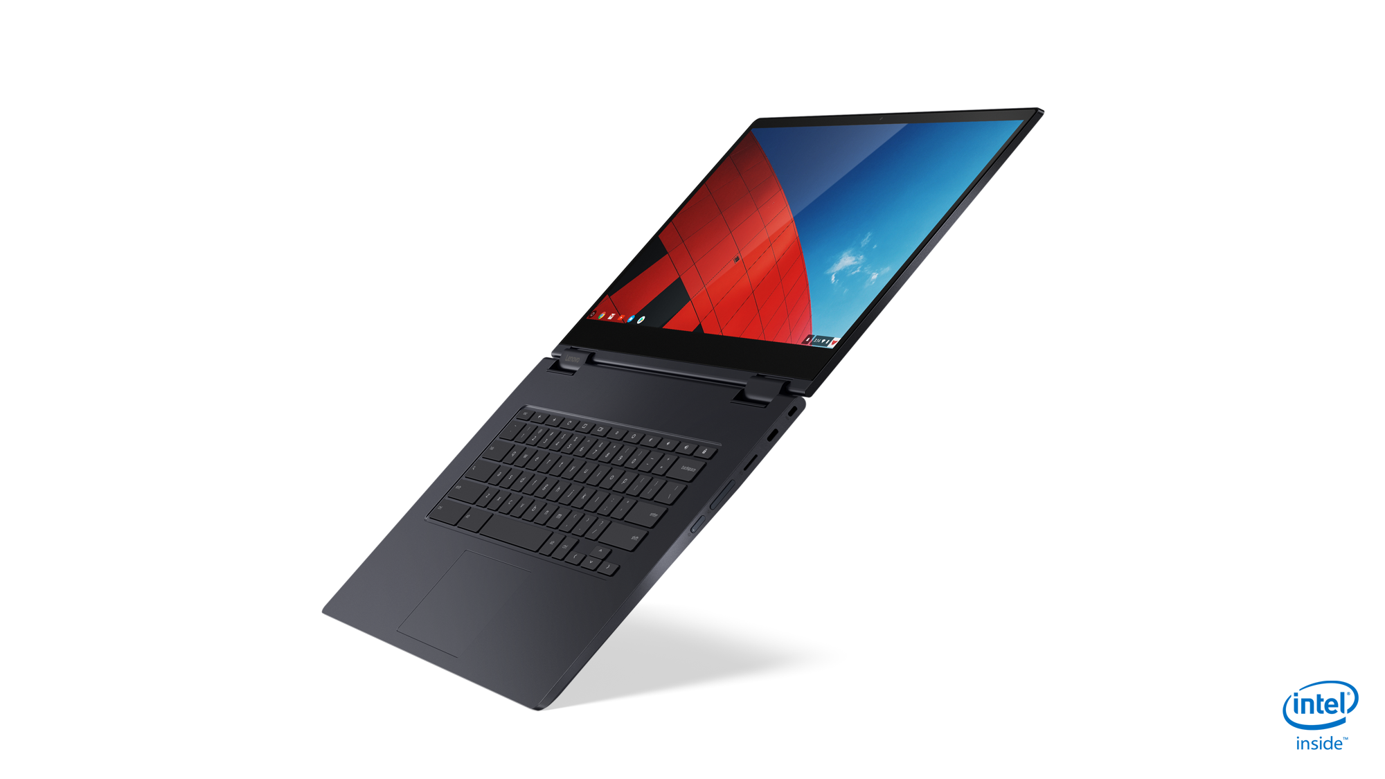 Schwarzer Laptop mit rotem und blauem Bildschirm, geöffnet. Ein schwarzer Hintergrund umgibt den Laptop.
