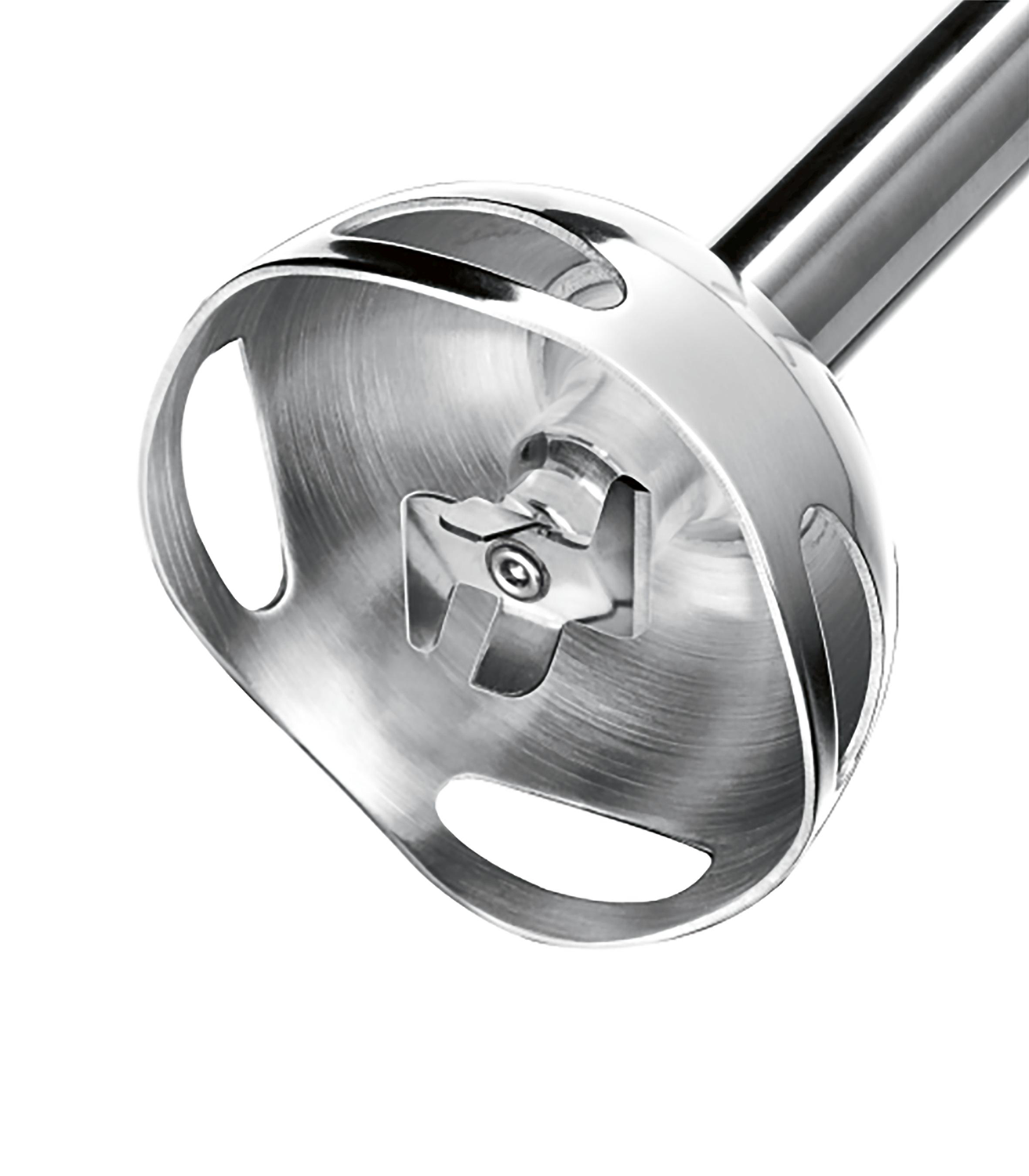 Close-up of the metallic end of a handheld blender. Blade, with openings.