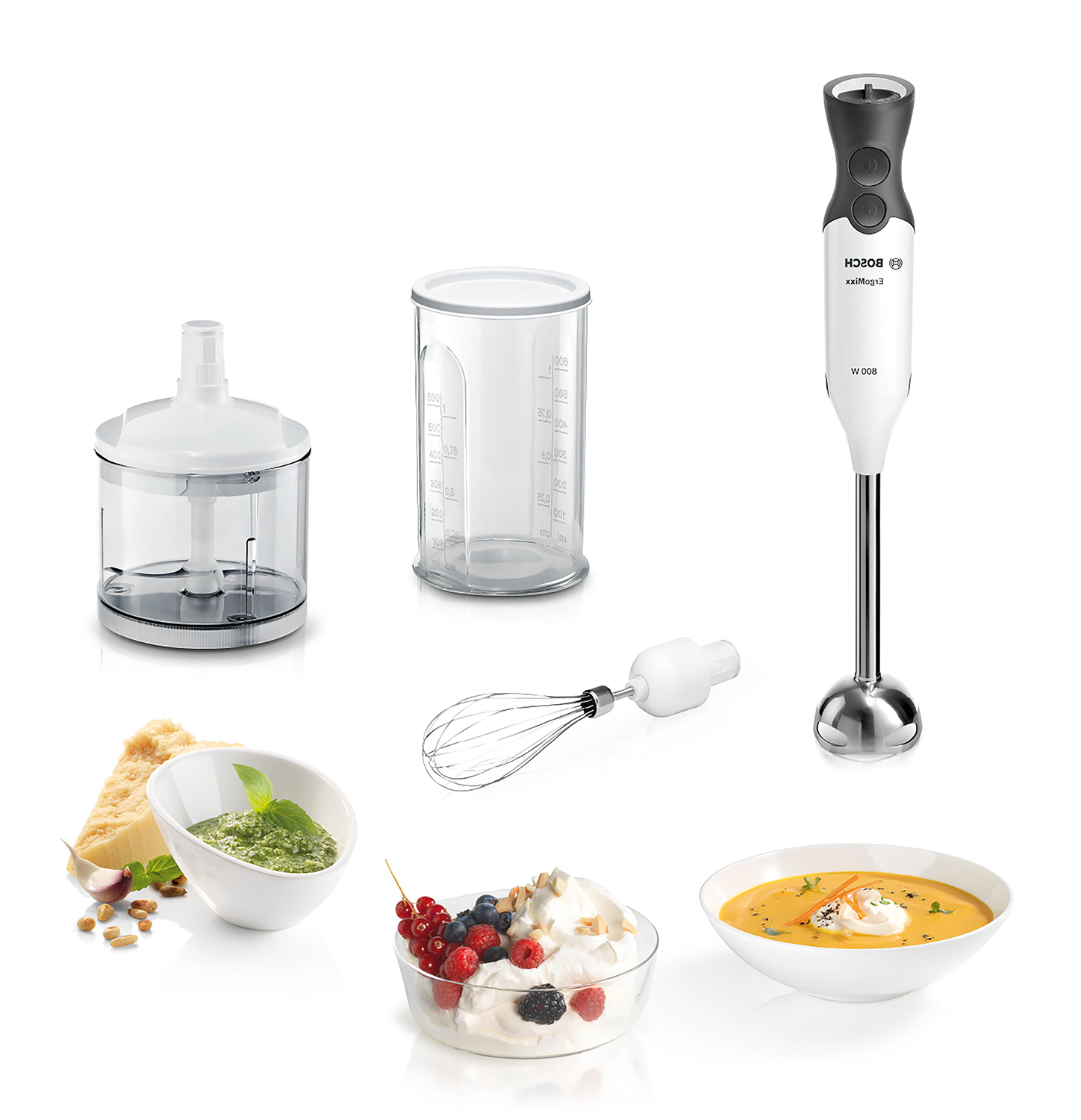 Various kitchen appliances and ingredients, including a blender and bowls.