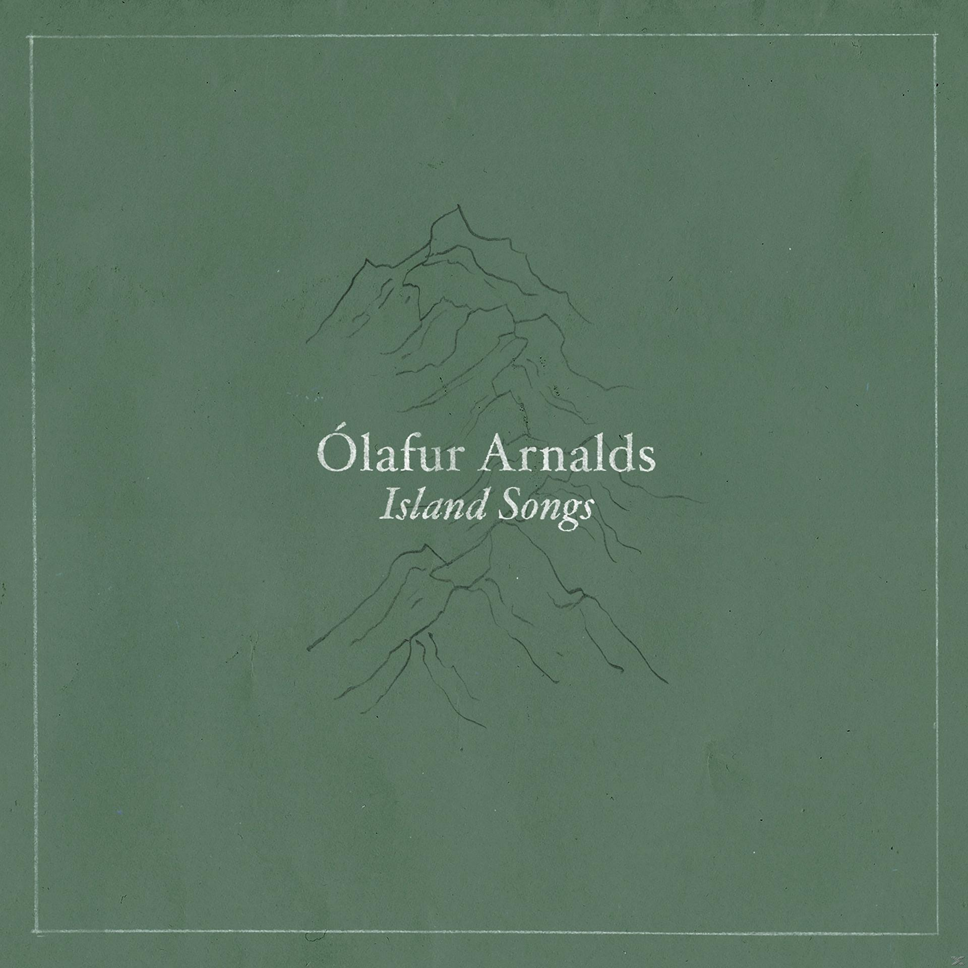 Albumcover mit grünem Hintergrund, Zeichnung von Bergen und dem Titel 'Island Songs'.
