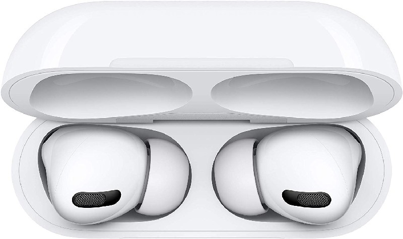 Estuche blanco abierto de AirPods Pro con dos AirPods blancos dentro.