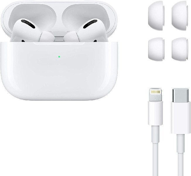 AirPods Pro blancos de Apple en un estuche de carga, con puntas para los oídos adicionales y cables de carga. El estuche está abierto.