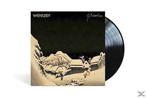 Weezers Pinkerton-Albumcover, eine verschneite Szene mit Berg und Figuren.