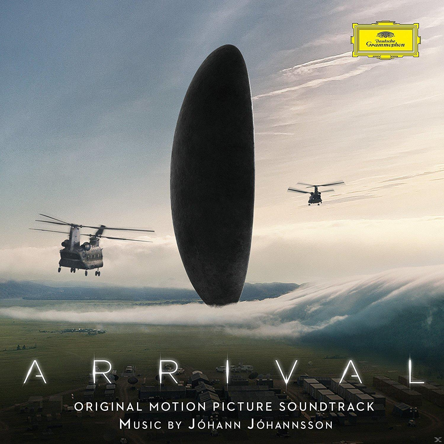 Arrival Soundtrack Cover. Eine große schwarze Form mit zwei Hubschraubern, die darüber fliegen.