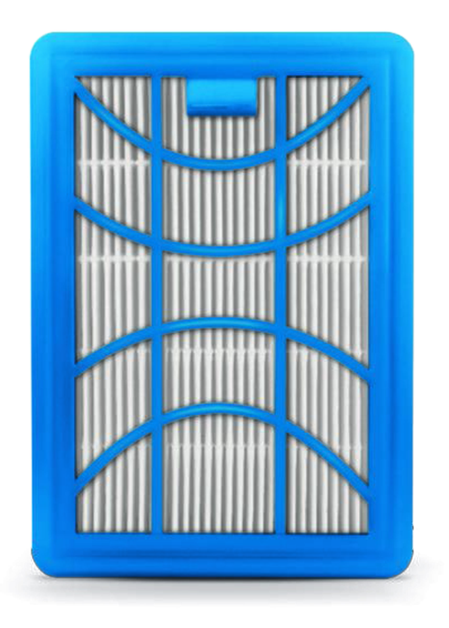 Ein rechteckiger Luftfilter, blauer Rahmen, weißer Filter. Weißer Hintergrund.