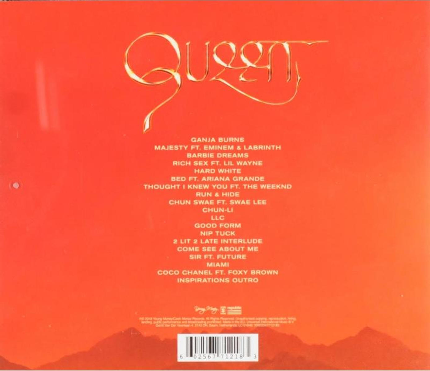 Album borító: Piros háttérrel, Queen címmel. A számlista a Majesty, Barbie Dreams, Good Form és Miami dalokat tartalmazza.