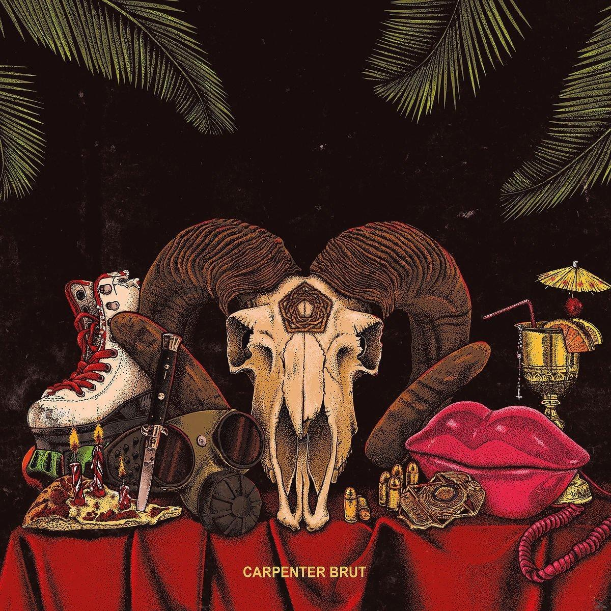 Albumcover mit Totenkopf, Rollschuhen, roten Lippen und anderen Objekten auf rotem Tuch.