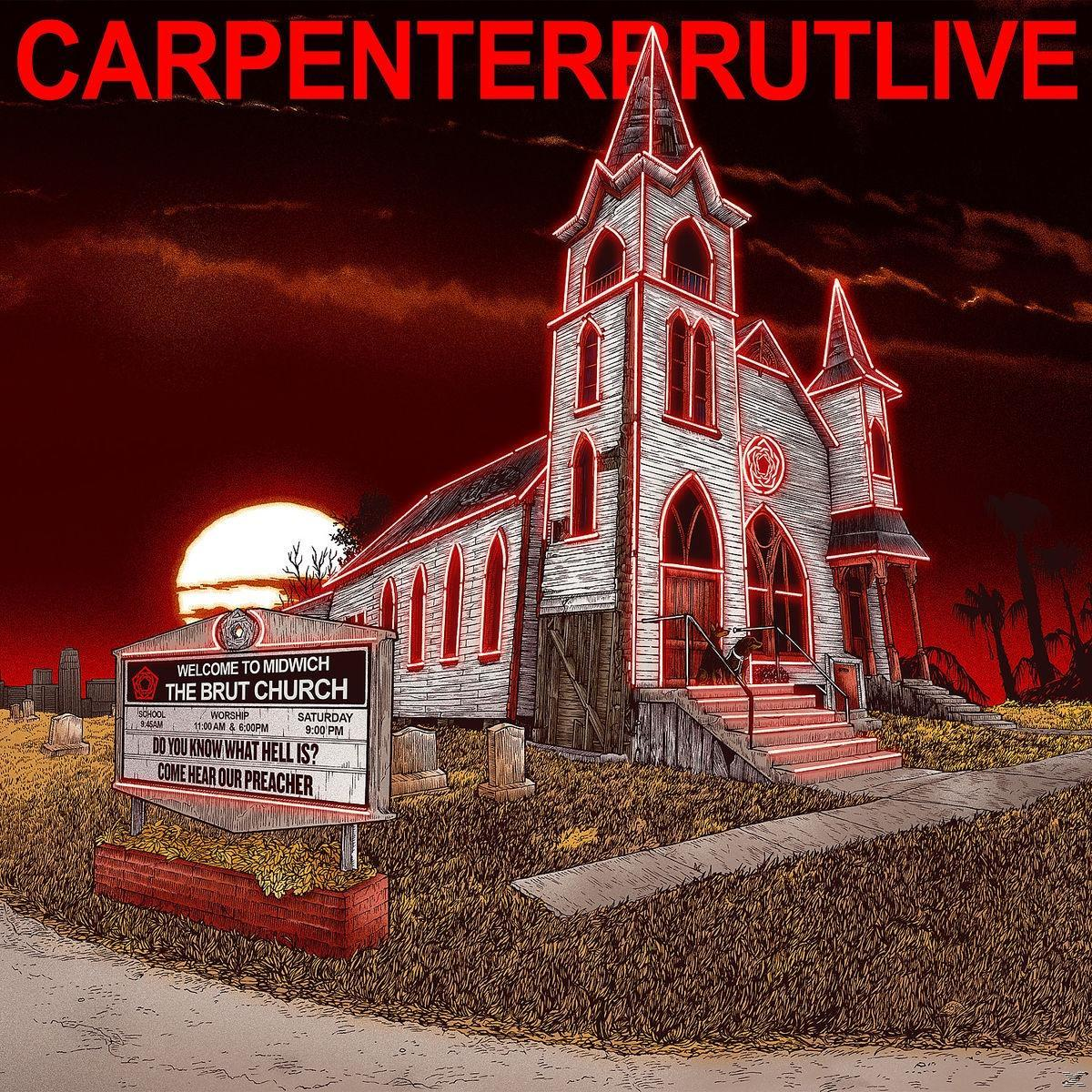 Albumcover mit einer Kirche mit roter Beleuchtung und dem Text 'Carpenter Brut live'.