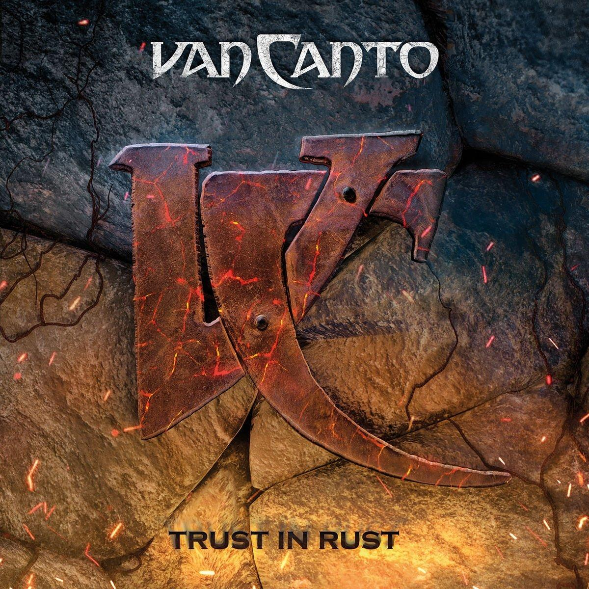 Album borító: nagy rozsdás fém szimbólum kő háttéren, a "TRUST IN RUST" szavakkal és a "VAN CANTO" zenekar nevével.