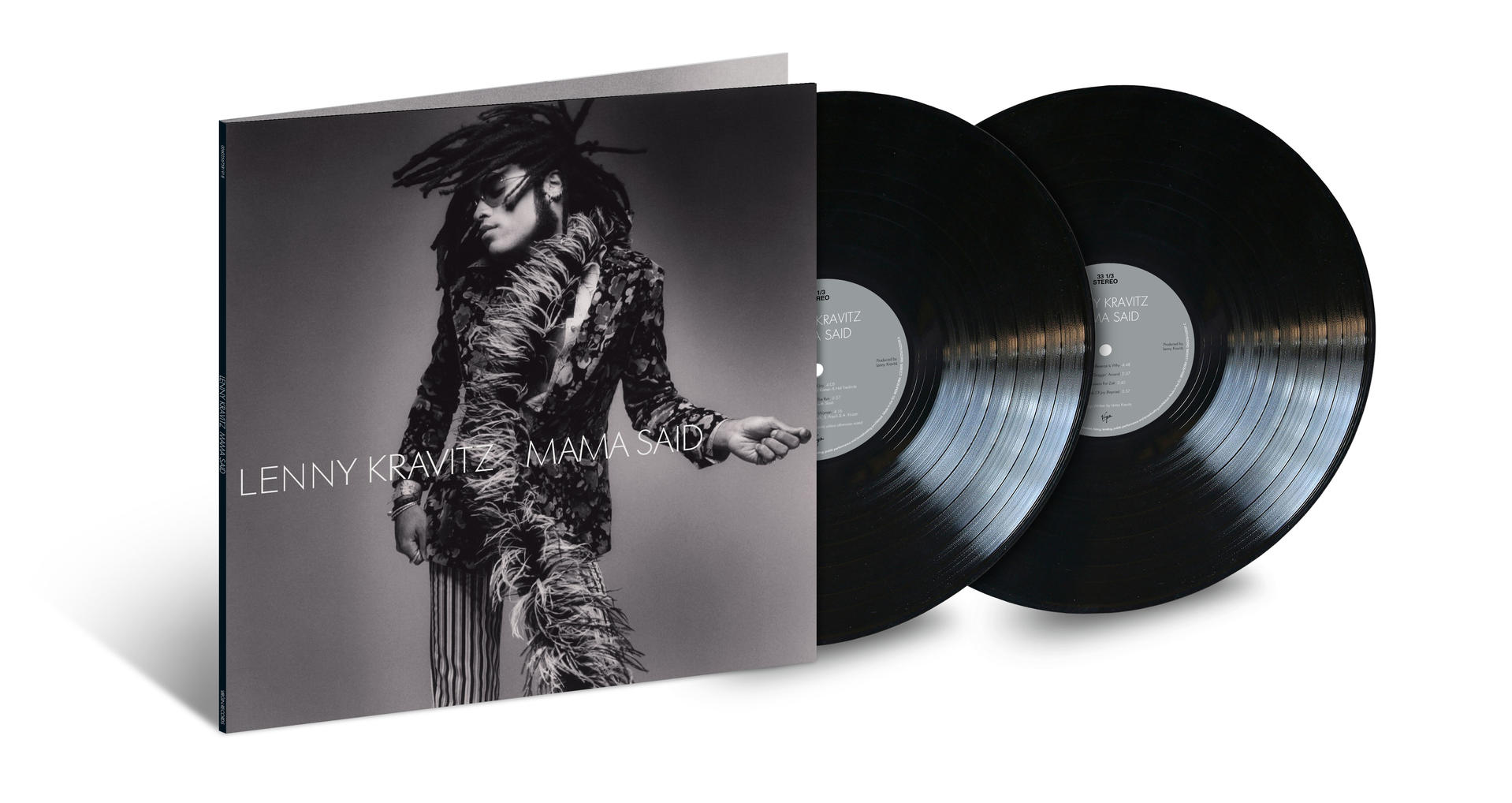Album borító: Lenny Kravitz, fekete-fehér kép, 'Mama Said' albumcím, két bakelit.