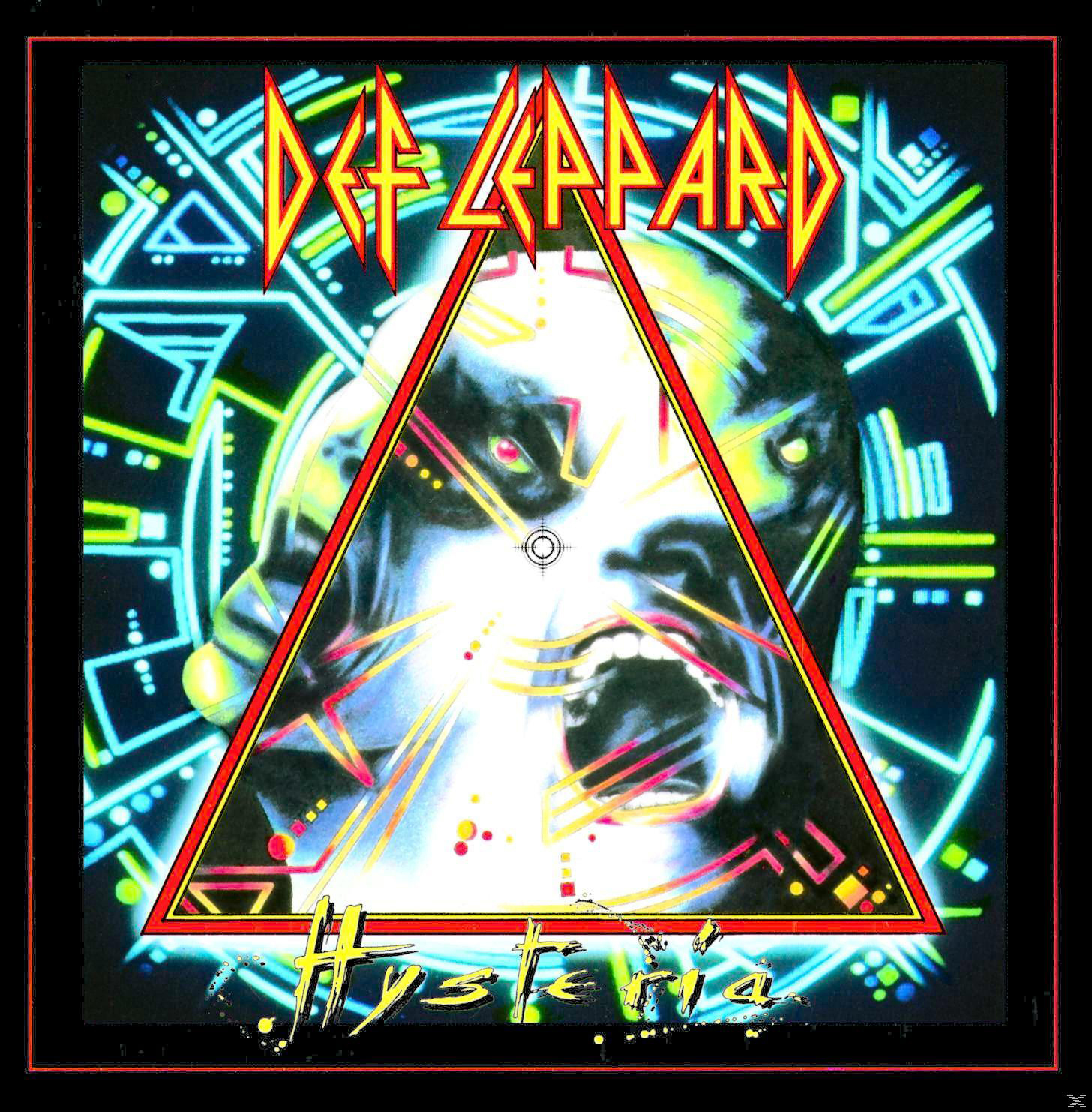 Def Leppard Albumcover. Ein Gesicht mit einem Dreieck darüber, Neonlichter und das Wort Hysteria.
