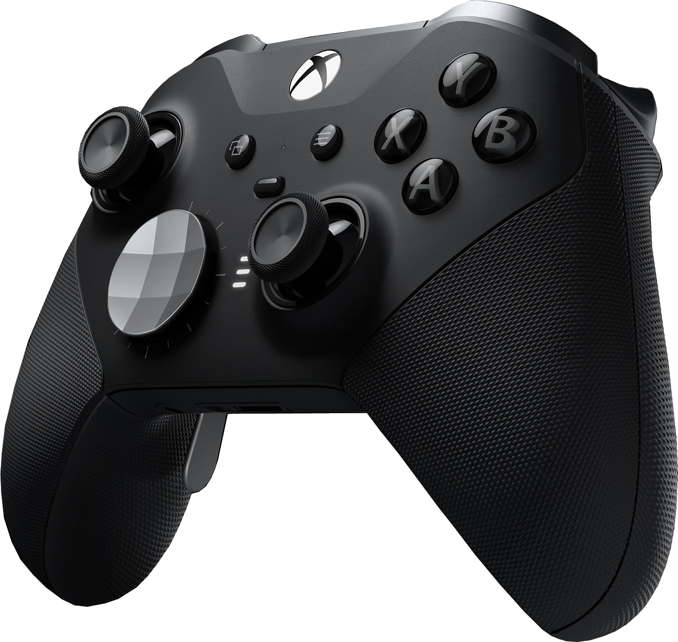 Fekete Xbox Elite Series 2 kontroller, több gombbal, joystickkel és texturált markolattal.