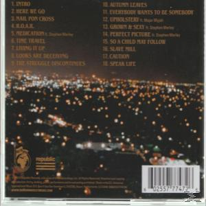 Rückseite eines Albums mit Titelliste, Stadtlichtern und Künstlernamen.