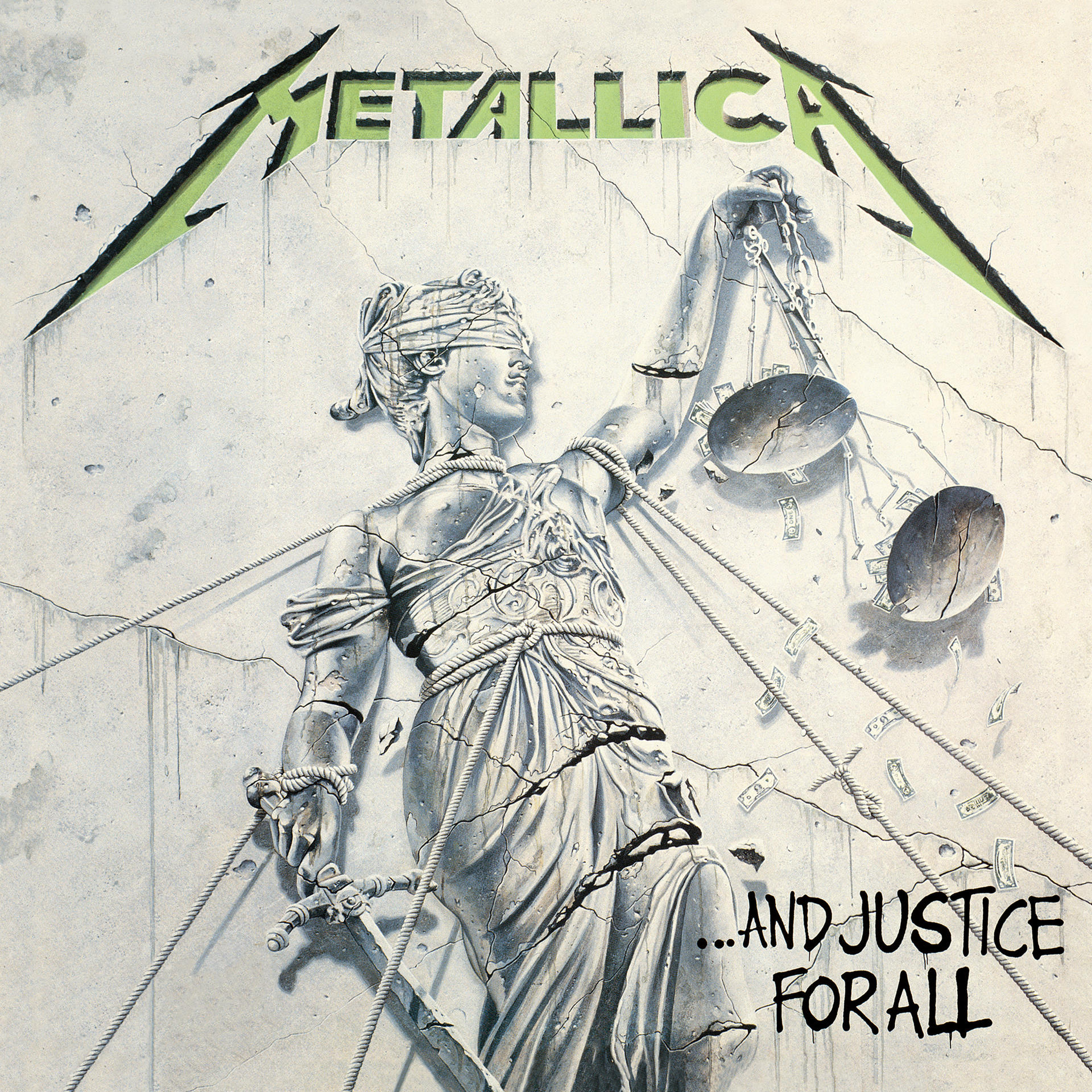 Metallica album borítója. Az igazság szobor törik, pénzzel és kötelekkel.