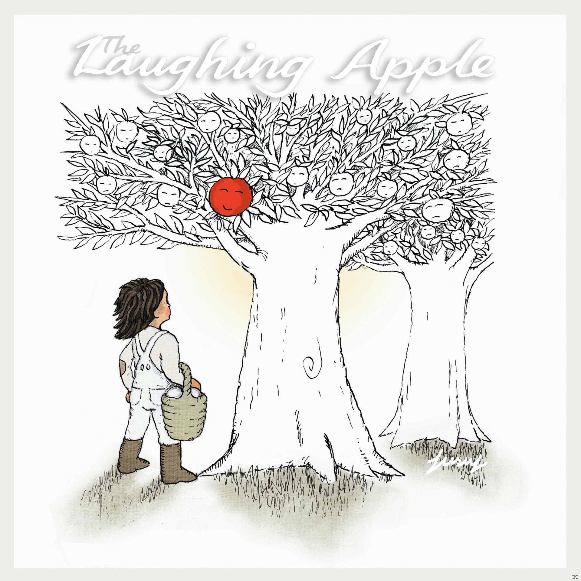 Illustration. Ein Junge mit einem Korb betrachtet einen Baum mit einem lächelnden roten Apfel. Der Titel lautet 'The Laughing Apple'.