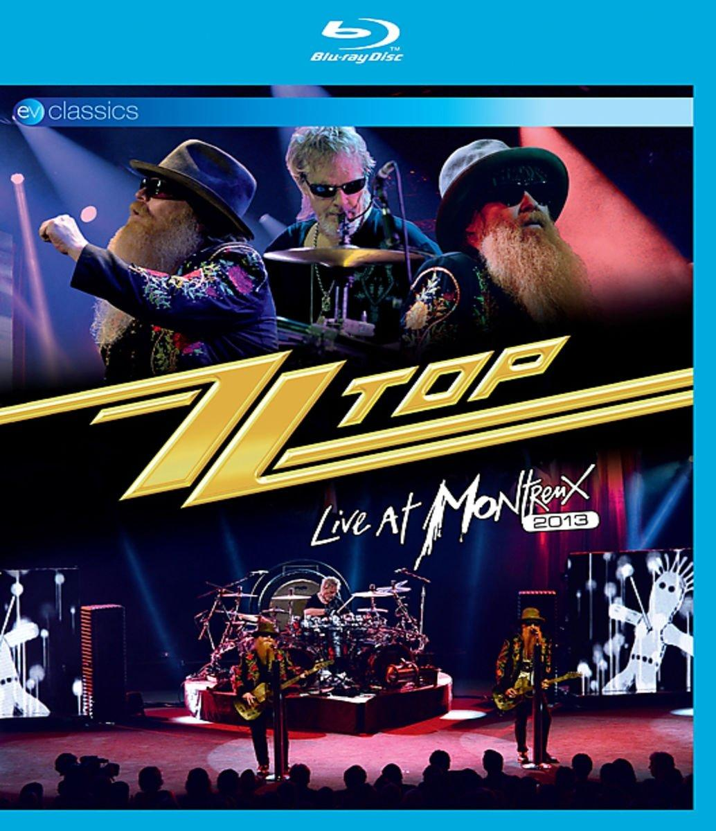 ZZ Top élőben a Montreux 2013 Blu-ray borítója. Zenekar a színpadon. Kék háttér.