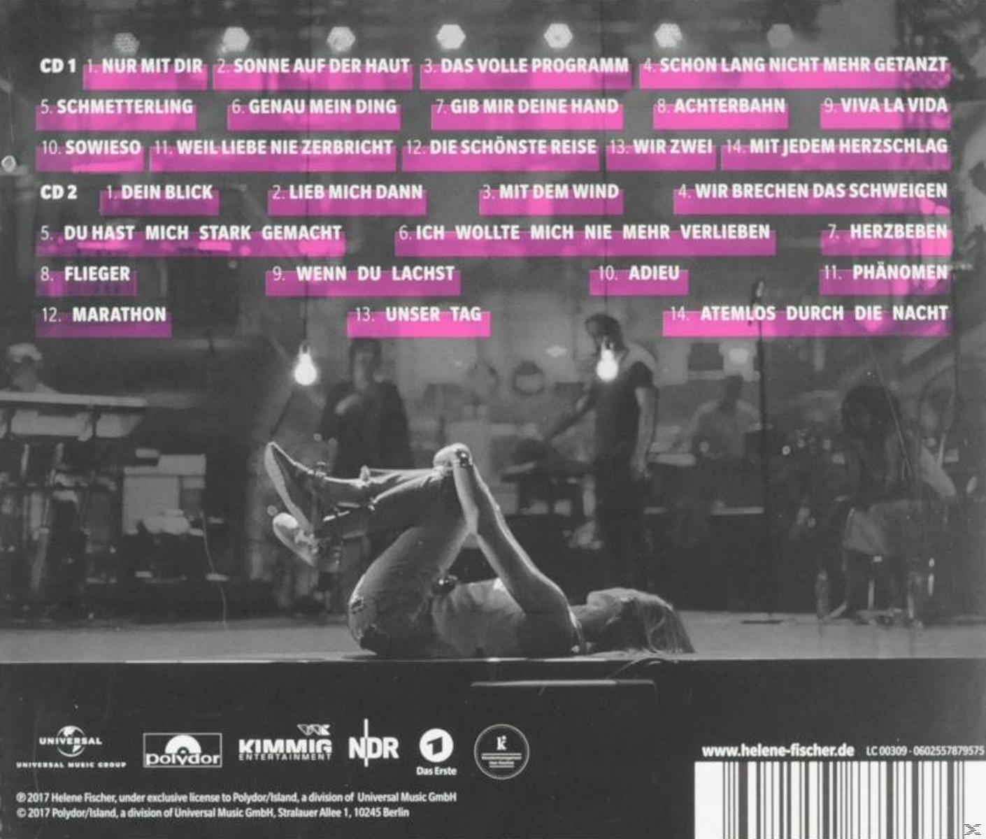 Rückseite einer CD mit Titelliste auf Deutsch, eine Person liegt mit hochgelegten Beinen und Logos.