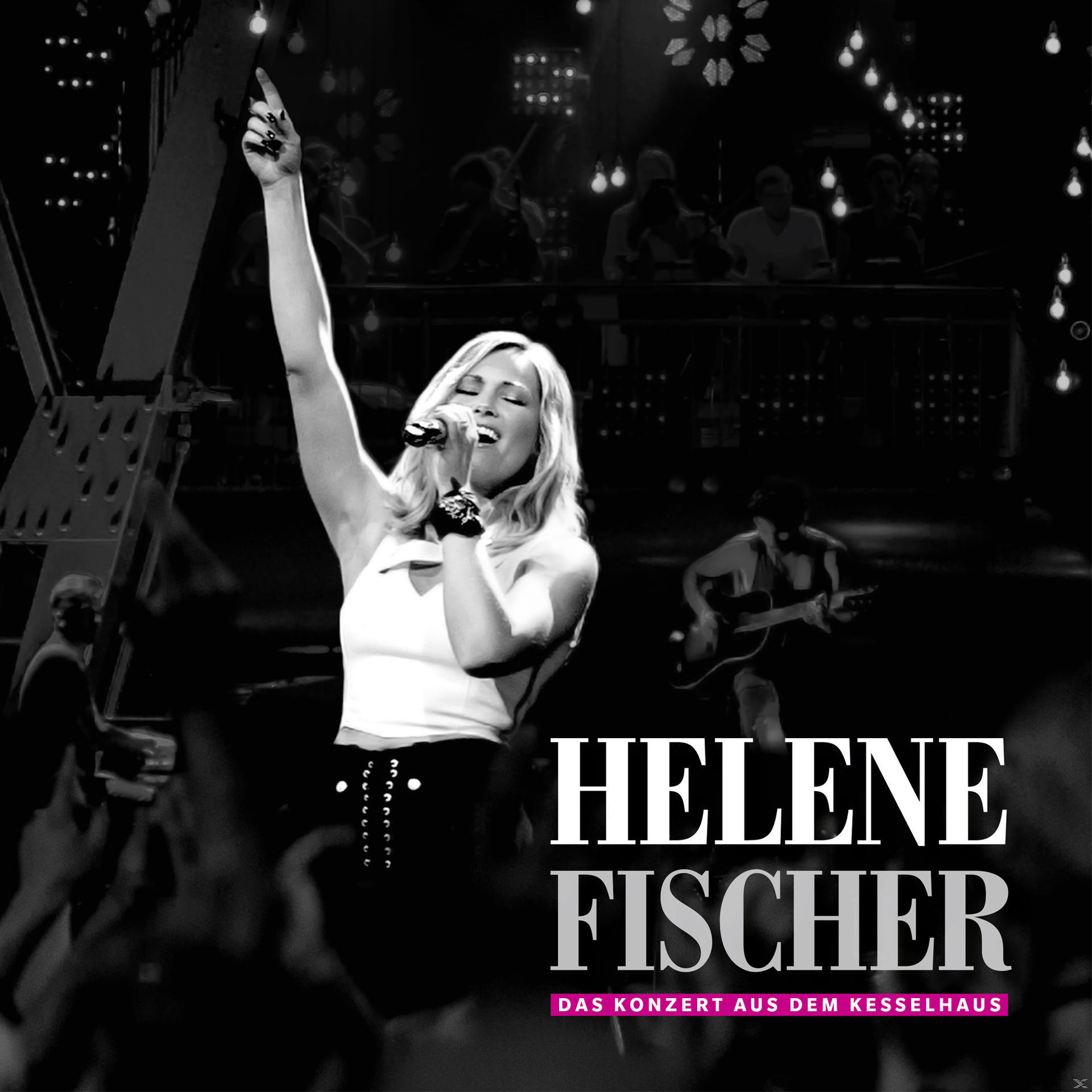 Helene Fischer Albumcover, Schwarzweiß. Sängerin mit erhobenen Armen, Bühnenlicht und Menschenmenge.