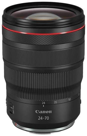 Objetivo de cámara Canon 24-70mm con detalle de anillo rojo. Cuerpo negro, etiquetado con distancias focales y marca.