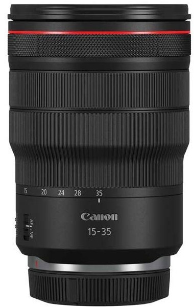Lente Canon 15-35mm negro con anillo rojo y datos del lente.