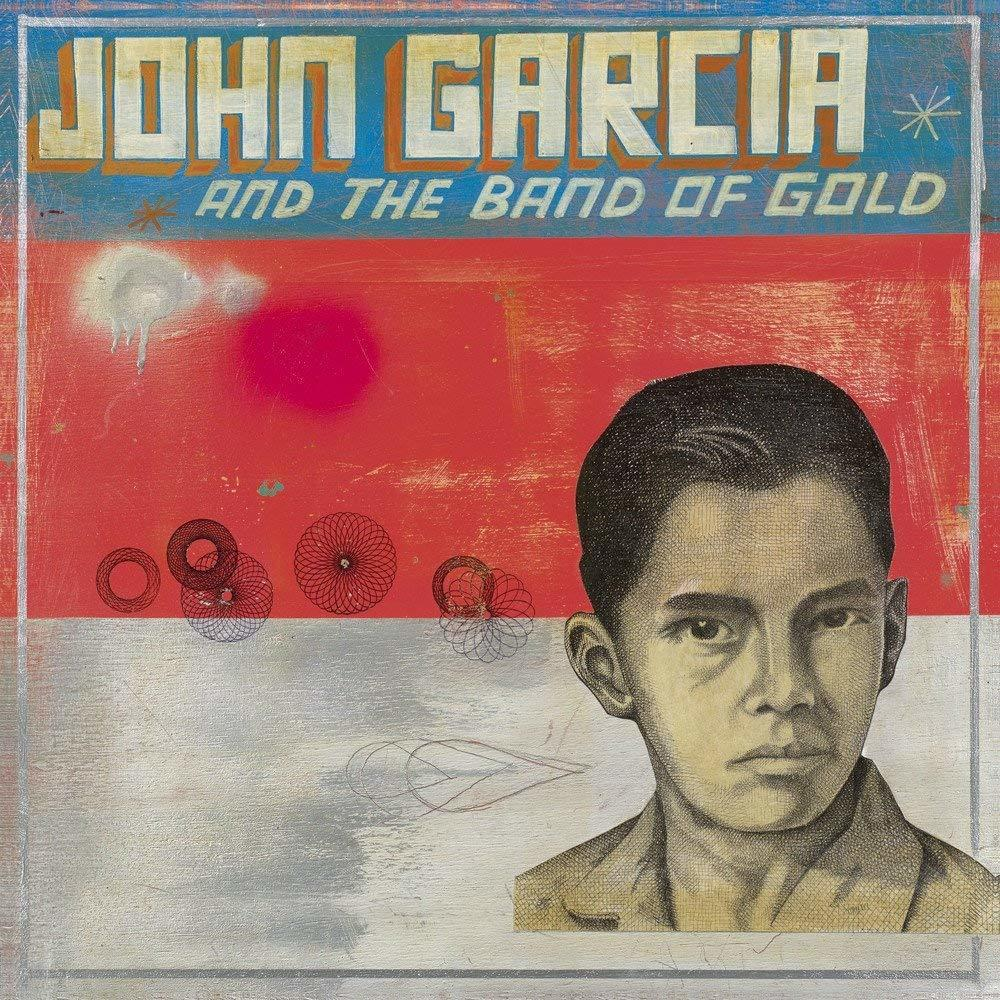 Album borító: John Garcia és a Band of Gold. Egy férfi portréja, piros és ezüst háttérrel, geometriai formákkal.