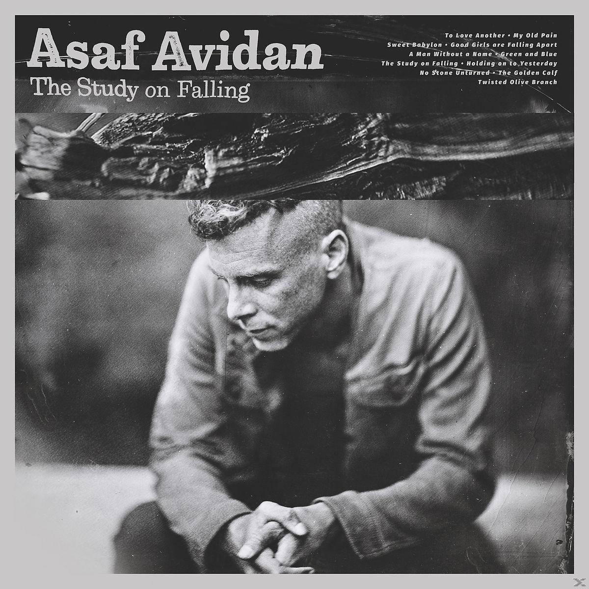Asaf Avidan Albumcover, Schwarzweiß-Porträt mit verwittertem Hintergrund und Songtiteln.