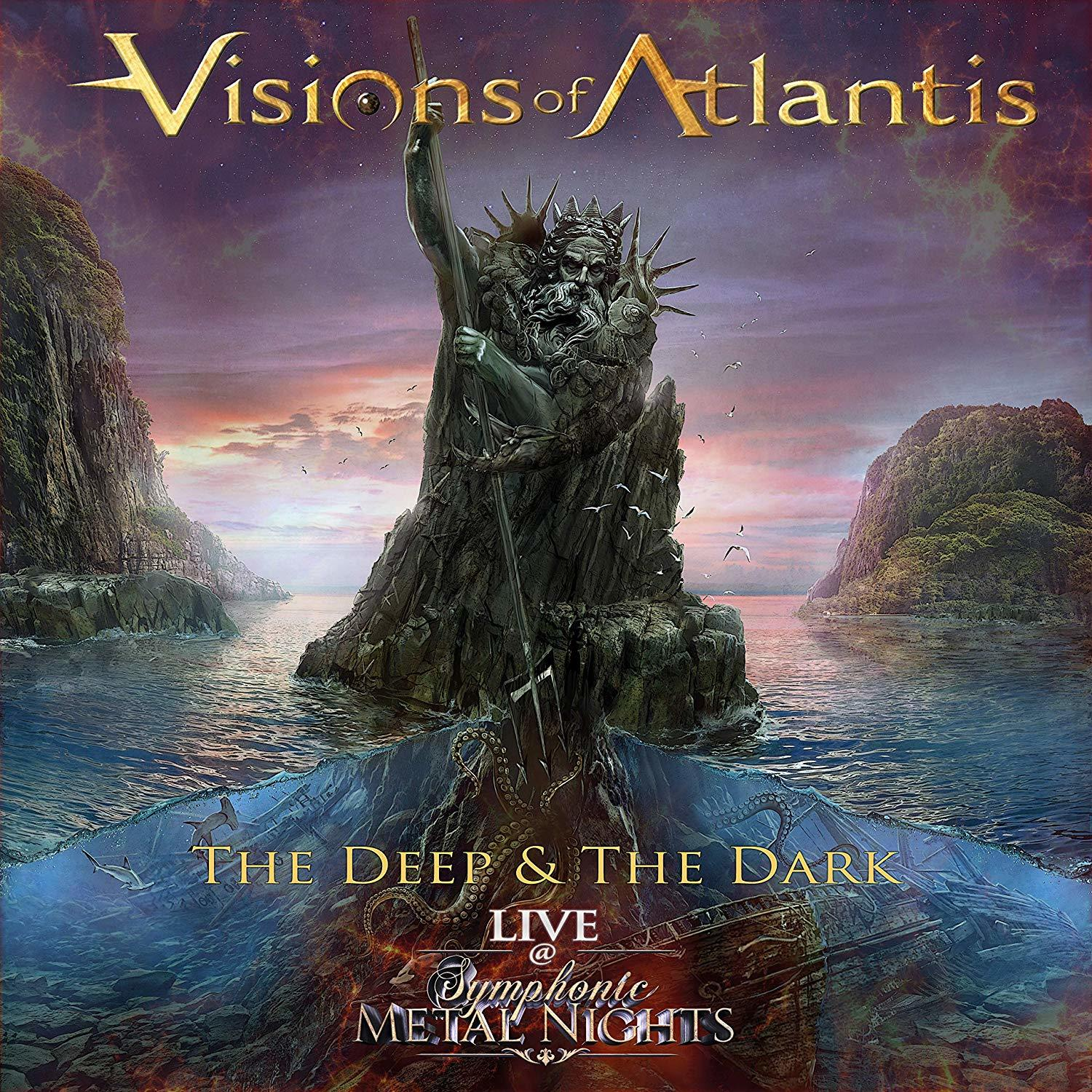 Album borító. Egy férfiszobor szigonnyal az óceánban. Cím: Visions of Atlantis, The Deep & The Dark.