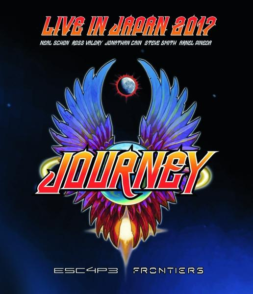Album borító. Egy logó madárral és a 'Journey Live in Japan' címmel. A dalok nevei és a zenekar tagjai láthatók.