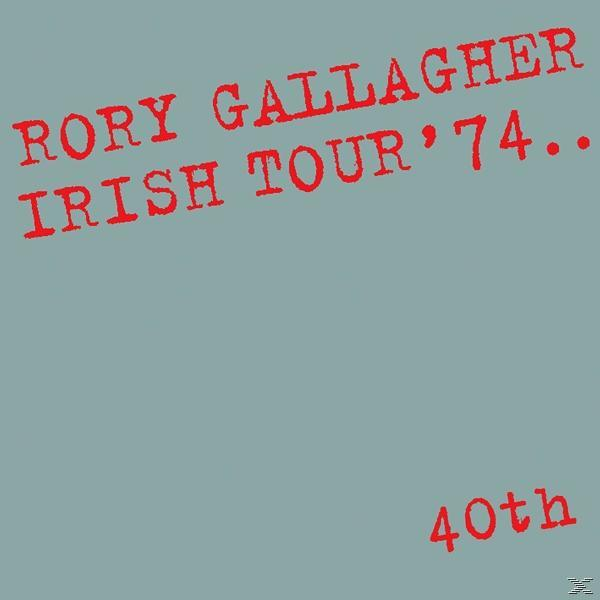 Text vor hellblauem Hintergrund. Er lautet "Rory Gallagher Irish Tour '74..." und darunter "40th".
