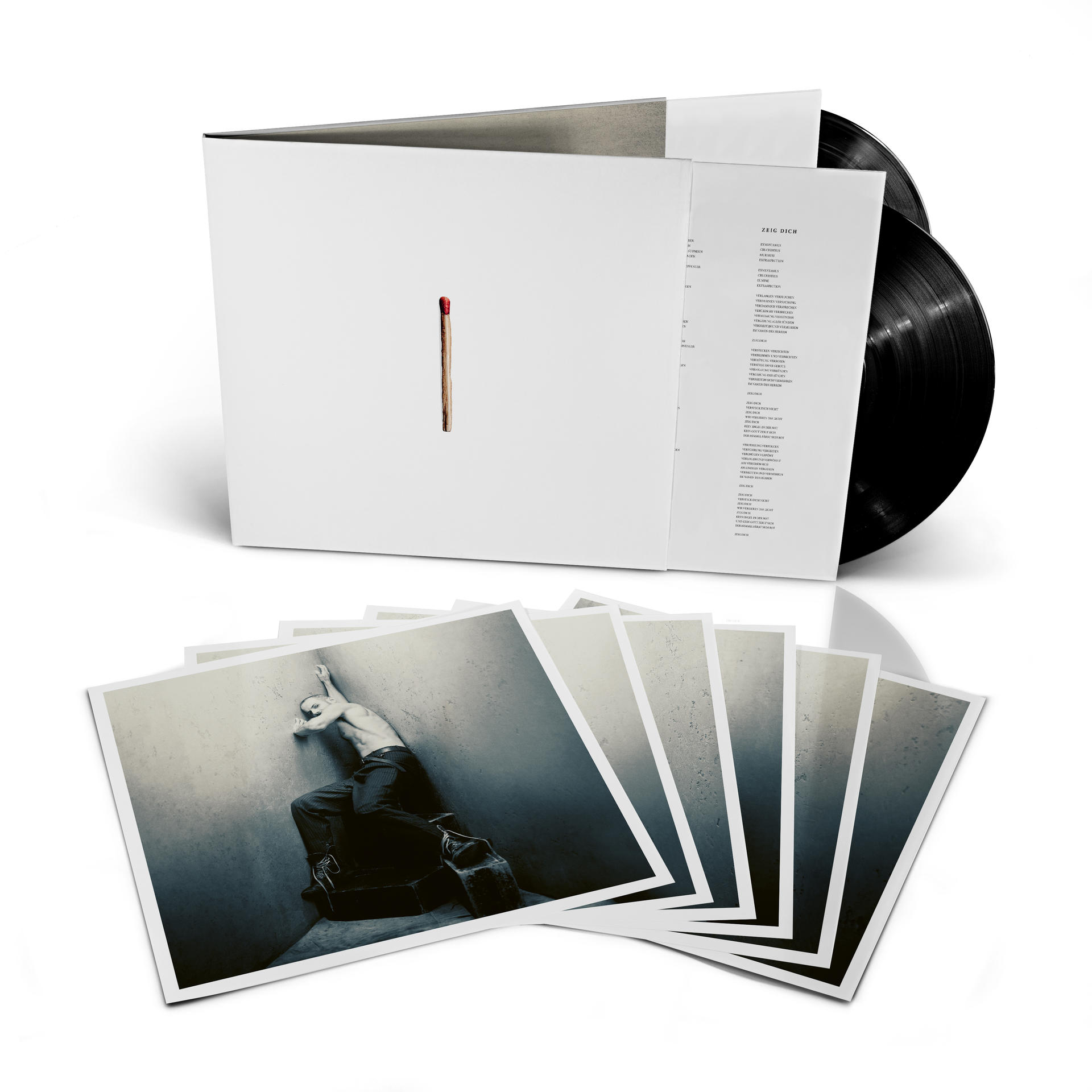 Album borító gyufával. Vinil lemezek a fehér tokban. Fotók alul.