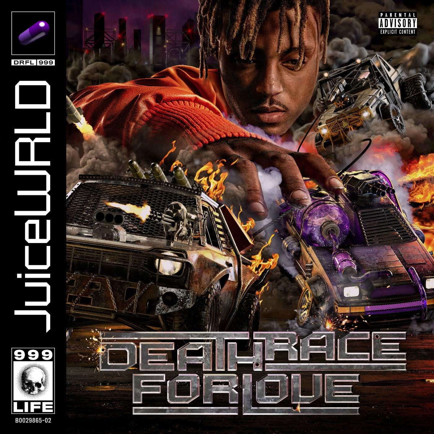 Zenész album borítója autókkal, a 'DEATHRACE FOR LOVE' címmel és a 'JUICE WRLD' felirattal.