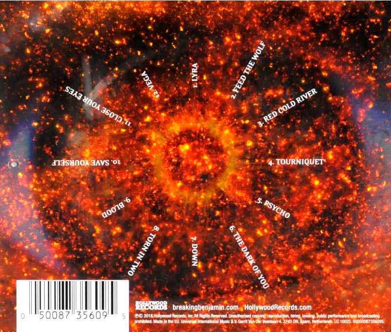 Albumcover mit feurigem Hintergrund, Text mit Songtiteln und einem Barcode am unteren Rand.