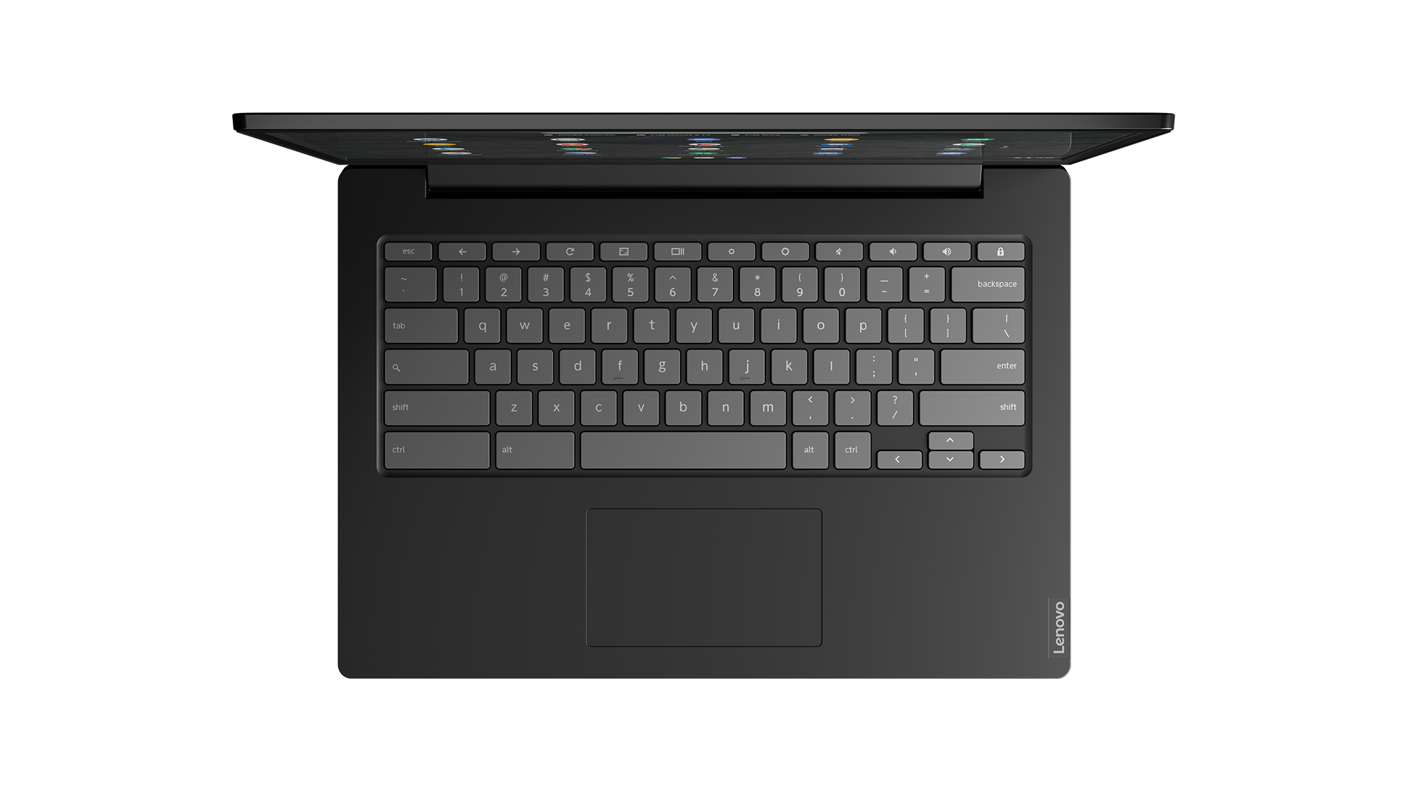 Laptop, Draufsicht, offen. Schwarzer Korpus, Tastatur und Bildschirm. Lenovo Logo.
